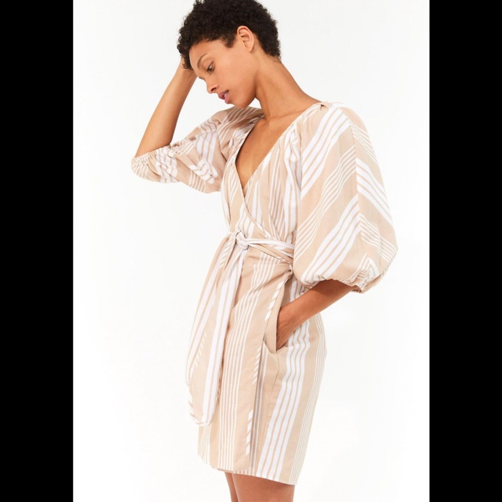 MARA HOFFMAN Swim Coletta Stripe Wrap Mini Dress White Sand Casual Beach Size XS